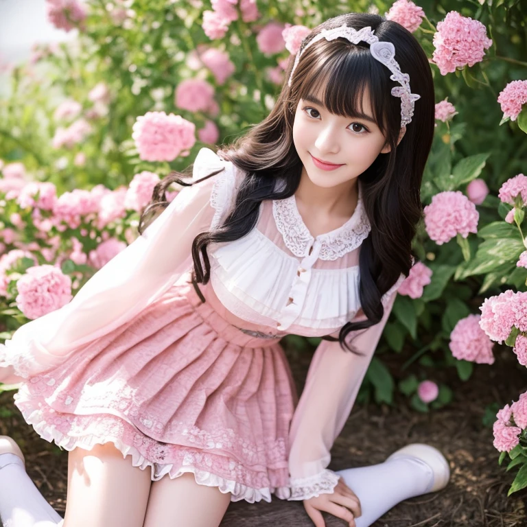 best quality, masterpiece, lifelike, 1 girl, alone, eternal, black hair, Long curly hair, blunt bangs, Smile, pink skirt, pink ta dress, layered skirt, Lolityle long skirt,分層連衣裙 lace-trimmed 裙子, decorate, lace, long sleeve, puff sleeves, wide sleeves, Transparent sleeves, hair accessories, 在flower园里, flower, Detailed background, delicate face,pink blush,White knee-length socks, Pink shoes,cold,Lots of lace,((masterpiece))、(top quality)、8K、high detail、super detailed、 21 years old female,穿着pink lolita d((dreamy atmosphere:1.1))、Seductive and whimsical style、masterpiece、born、Scenes resembling fairy tale illustrations、Intricate details showcase the ruffles and intricate designs of the Lolita dressutifully、magic、capricious、 beautifully、Dream aesthetics、「𝓡𝓸𝓶𝓪𝓷𝓽𝓲𝓬、ethereal、charming、fickle、magic」、realism、Visual effect、FXAA、SSAO、shader、voiceless、ambient lighting、Tone mapping、High resolution、ultra high definition、megapixel、(8K resolution:1.10)、8K、Below 8K、8K resolution、high detail、intricate details、她的脸上exposed惊讶和敬畏的表情、 (high quality:1.2、masterpiece:1.2、:1.21)、(21 years old female:1.21)、(興奮地Smile)、(Surrounded by the dreamy atmosphere of an amusement par色洛丽塔连衣裙、Her eyes were full of surprise and joy、I took a lot of geek photos、、High heel、Model diagram,full-body shot,Knee-high 白色的 lace socks,Sweet Lolita,Normal 2 ,Pink shoes,Baotou shoes,full-body shot,baby star dress,have,不要exposed你的手指,cold,Emphasize the volume of the skirt,exposed,huge breasts,white underwear,The skirt flew up,spread your legs,low cut,exposed,tutu