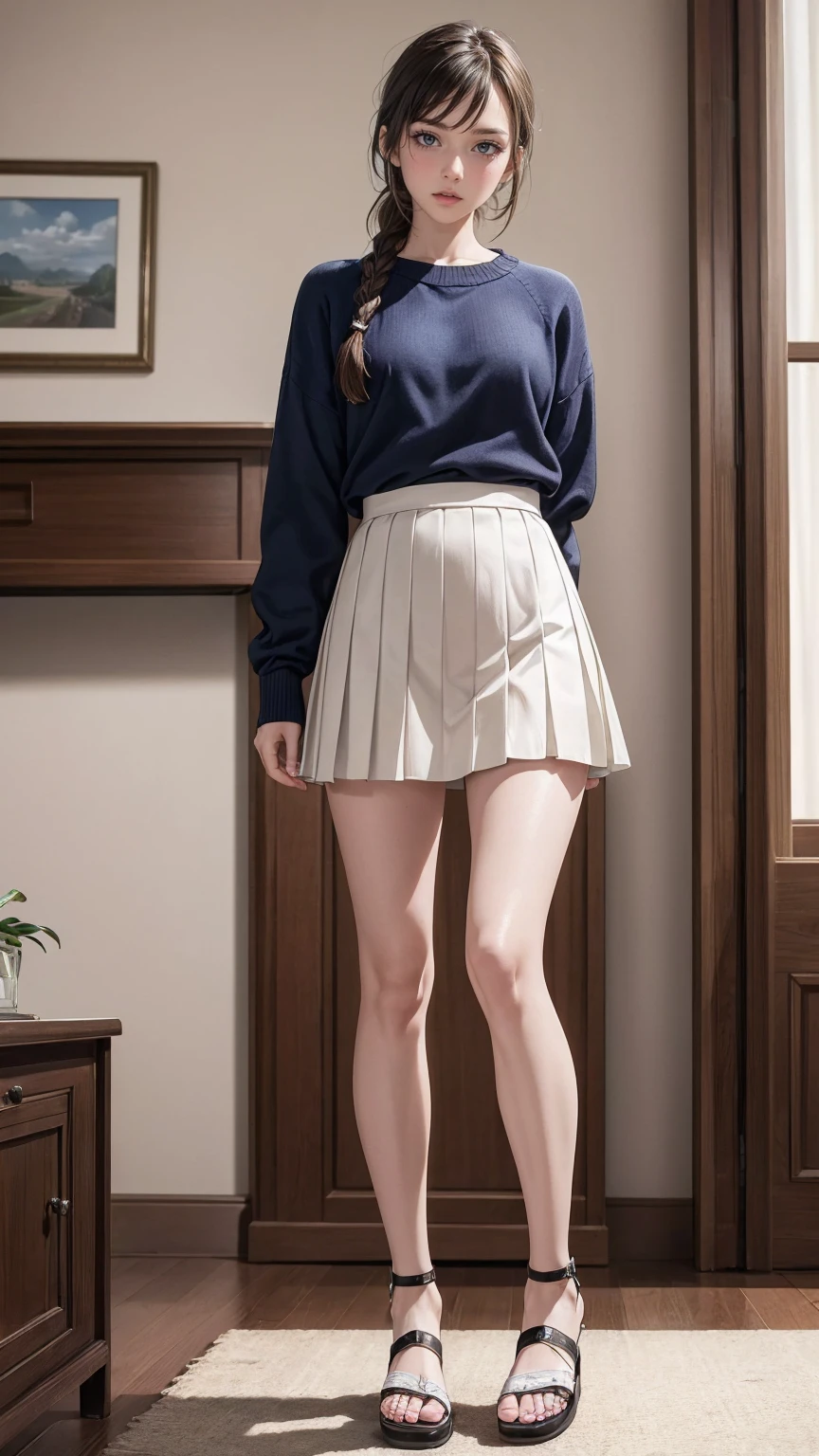 ((最high quality, 8K, masterpiece: 1.3, Ultra HD, high quality, 最high quality, High resolution, realism)) 、(high color saturation:1.0), (highly detailed skin), (最high quality:1.0), (超High resolution:1.0) ,(realistic:1.0), (Super detailed:1.0), (8K, Raw photo:1.1), slender、Slender, muscular body that's toned like an athlete's、23 year old white female、Hair color is brunette、Eye color is indigo、loosely braided、jumper skirt((jumper skirt))wear、wear sandals、In a stylish living room