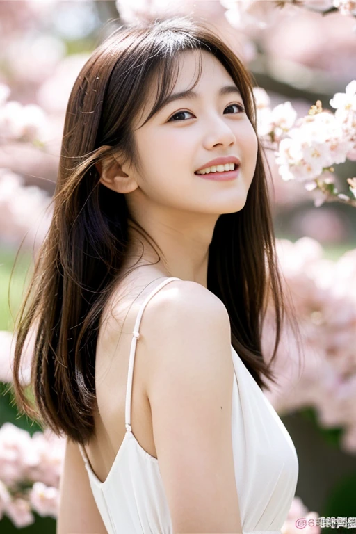 high resolution、in detail、perfect face、Like a real human、perfect upper body composition、26 years old、japanese woman、dense and beautiful big eyes、thin lips、arched eyebrows。Natural light。Beautiful cherry blossoms on the background。natural body。髪の毛はIt&#39;s wrapped。hair is long、It&#39;s wrapped。Light brown。white dress。She is looking back。She is confident and、laughing。same face as before。