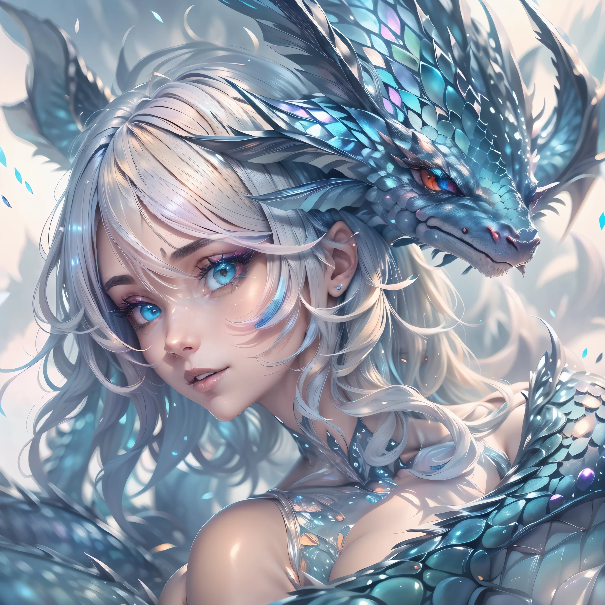 (best quality,4k,8k,highres,masterpiece:1.2, portrait), ultra-detailed, realistic, naked sexy dragon woman with blue glittering scales, skin is glittering sapphire blue scales, short blonde hair with blue highlights, very playful but mischievous smile, huge tits, gigantic breasts, naked, nude, detailed crotch, detailed vulva, sexy pose, spread legs, playful, bi-coloured eyes, heterochromia, lustful