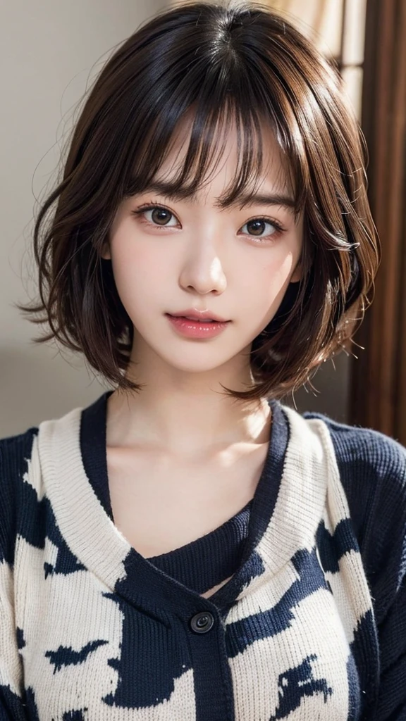 (masterpiece:1.3), (8K, Photoreal, Raw photo, best image quality: 1.4), Japanese high school girl、16 years old、(random hairstyle:1.2)、(cleavage:1.2)、super detail face、eye for details、double eyelid、chest to chest、sharp focus:1.2、(cute woman:1.4)、light brown hair、highest quality、masterpiece、Super high resolution、(Photoreal:1.4)、Highly detailed and professionally lit smiles、loose and light knitwear、shoulder out、thin、serious expression、short haired、deadly position