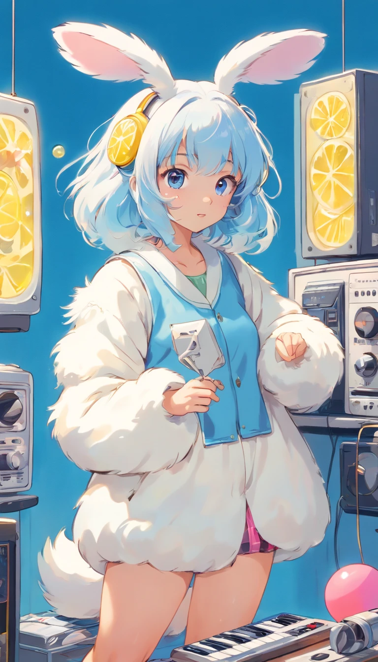 (masterpiece, highest quality), 8K, 4k, 8K, Super detailed, beautiful images, clear image, perfect face, perfect lines, perfect eyes, soft lighting, (((Girl's UP)))、(((The girl's face is well visible)))、make many round chicks、(())、(((cassette tape、radio cassette player、record)))、cute beautiful girl、((Listening to music with headphones on))、machine、Note、computer、light bulb、window、Chair、curtain、retro、(((80s))) Neon color、pastel colour、((blue and white room))、Polka dot pattern、lemon、80'sパターン、round pattern、square pattern、Cartoon screentones、Dot pattern is applied from above、cooking、chick chick、Cotton candy、candy、(((Get into a rhythm))), (((lofi-art))), Cute white fur ball creature、(((The structure and balance of the face of the human body, objects, and living things are well-balanced without any discomfort.))), (((the fingers of the hand5Book))), (((beautiful and well-shaped body)))、(((Cute and beautiful face)))、Ramune Ramune Ramune、summer