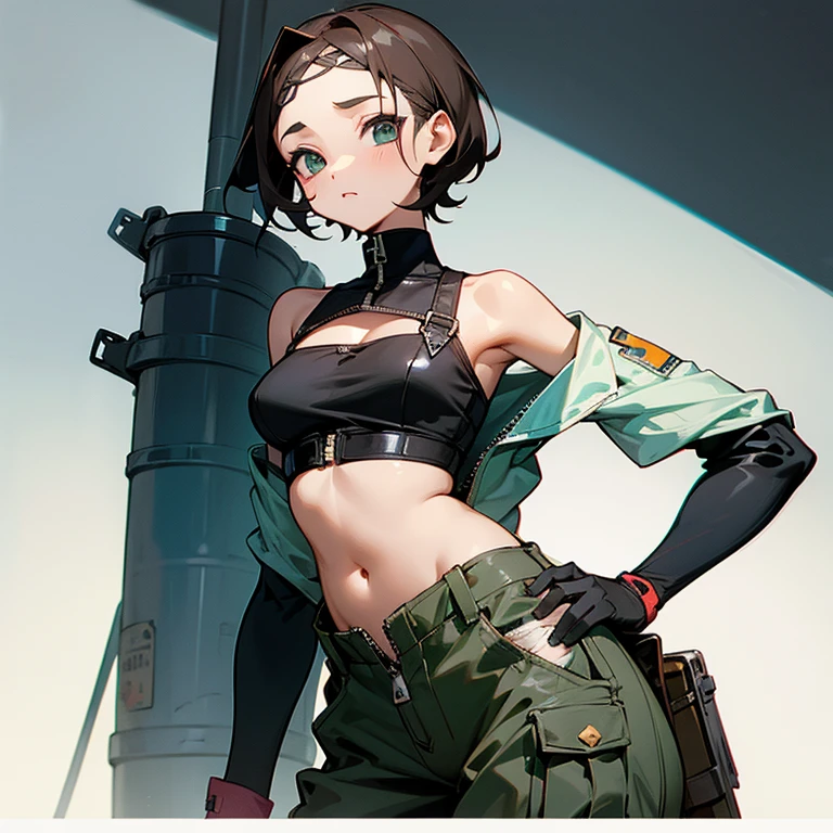 young girl、thin、modest chest、Goggles on foreheadをつけている、small ass、A thin and delicate mechanic girl、loose clothing、Oversized Cargo Pants、that'belly button、- Front zip、high neck with zipper、Tube top、bare shoulders、turtleneck、off shoulder、Work gloves、Goggles on forehead、hold a wrench in one hand、brown skin、middle hair、thin、big breasts、cleavage、choker、low rise pants、short hair、neutral facial features、
