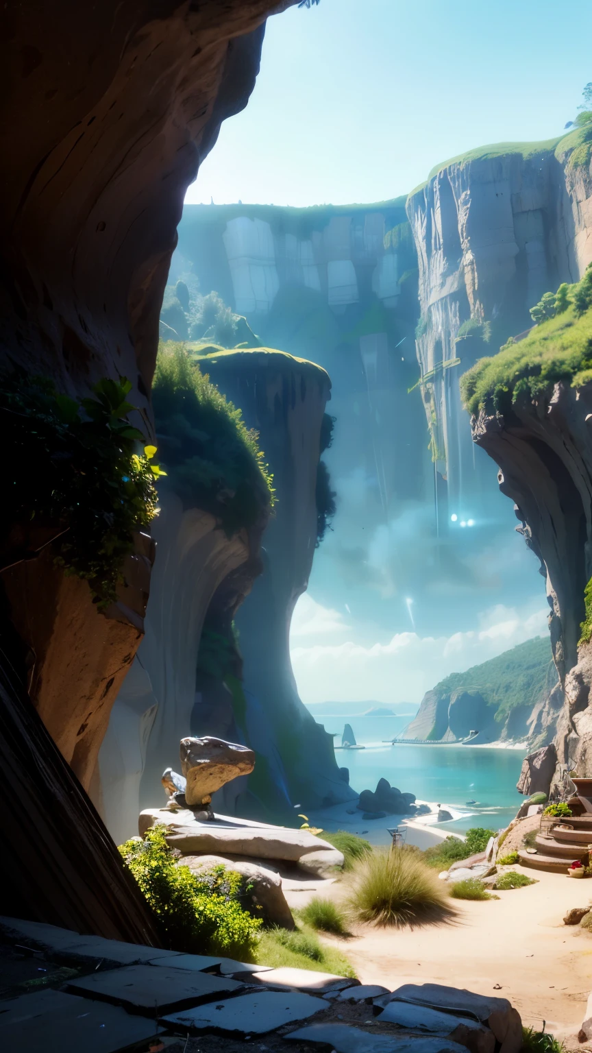 there is a bed in a cave with a view of the ocean, island with cave, very close to real nature, fantasy setting, beautiful fantasy cave scene, magical cave, epic and stunning, relaxing environment, beautiful place, cave, breathtaking render, magical environment, inside of a cave, detailed dreamscape, stunning nature in background, luxurious environment, futuristic setting,photography,portrait,relastic