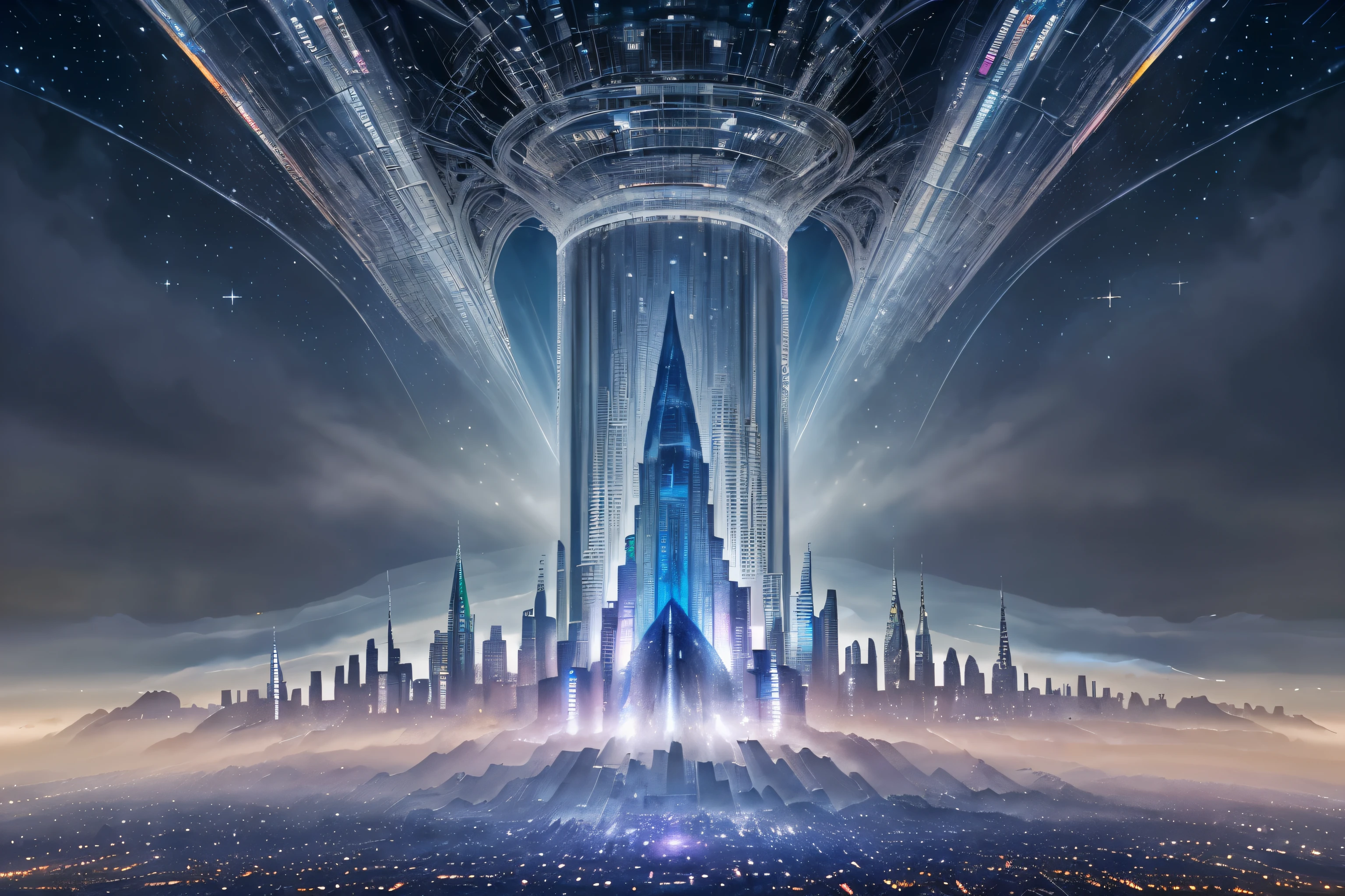 A gleaming ethereal city hanging amongst celestial clouds, its towers stretching towards the heavens like crystalline spires. This stunning image is depicted in a hyper-realistic acrylic painting, showing intricate details and vibrant colors that make the city seem almost tangible. The architecture reflects a blend of futuristic technology and ancient celestial motifs, with shimmering silver domes and iridescent pathways leading to unknown wonders. The overall effect is both awe-inspiring and otherworldly, drawing viewers into a world of boundless potential and endless beauty.