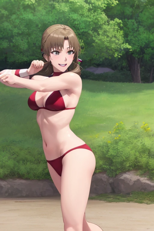masterpiece, best quality, beautiful art, high resolution, well formed hands, body and fingers, 1 woman, solo, Mamako Oosuki, adult, big breasted, cleavage, full body, long  hair, hair ornament, gorgeous legs and thighs, smile, wearing a Tyris Flare outfit, sexy and skimpy bikini, she is fighting in a combat match at a martial arts tournament, she is getting ready to fight, making her guard pose, action and fighting scene, about to hit the viewer, looking at the viewer, sweating , feeling confident and proud, smiling joyfully and happily, charming her opponent with her beauty, fighting scene, martial arts tournament on the beach 