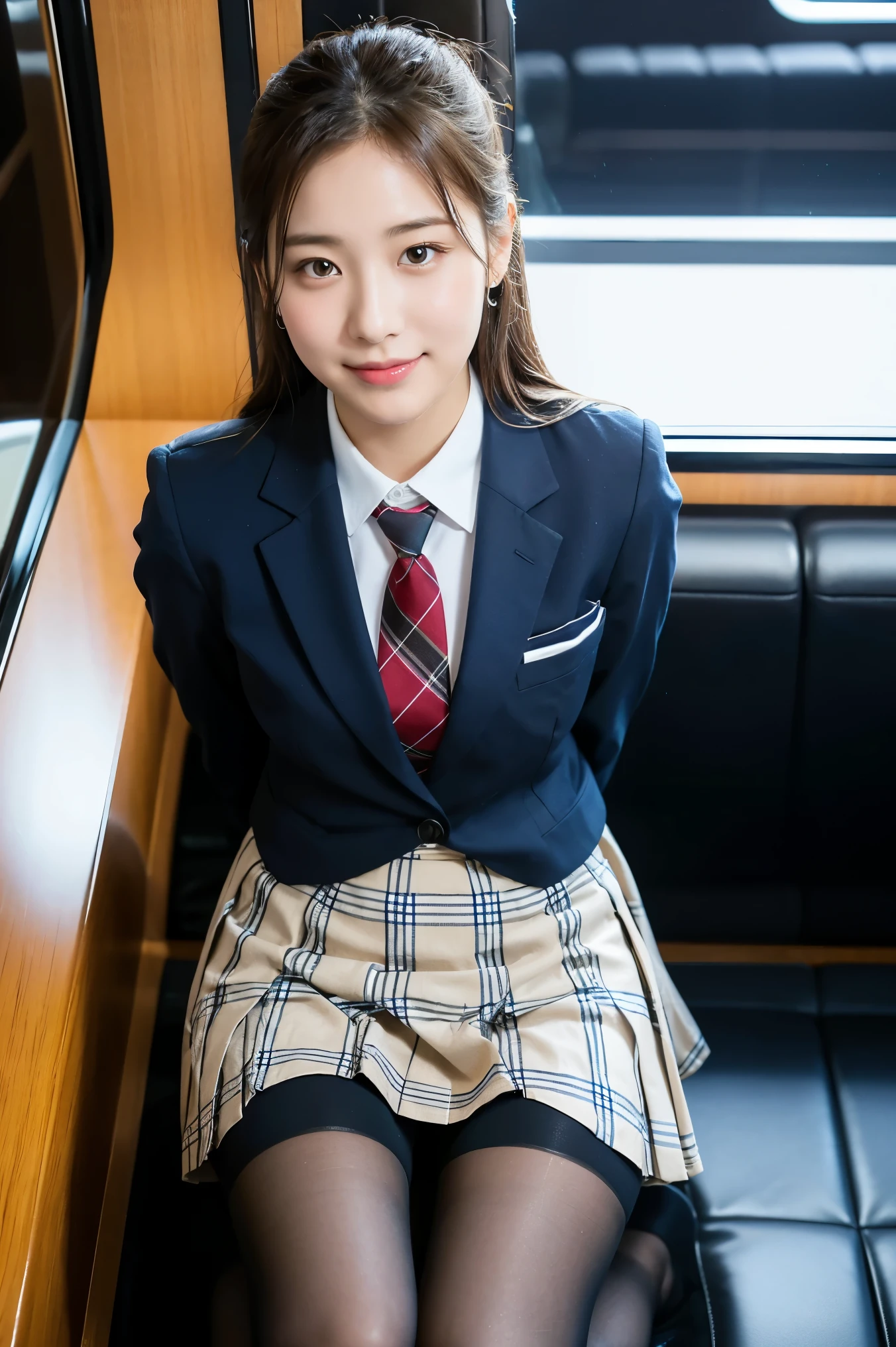 (8K), (highest quality: 1.2), (realistic), (realistic: 1.37), ultra high resolution, 1 girl, cute, smile, closed mouth, beautiful details, beautiful nose, wet hair, giant dulcefo, pork, thighs,Self snap,University Student Uniform,Sitting on a Tokyo train,simple blazer,pleated skirt,(The pattern of the skirt and tie is a tartan check pattern..:1.3),cross your legs, From above,thighs,tights