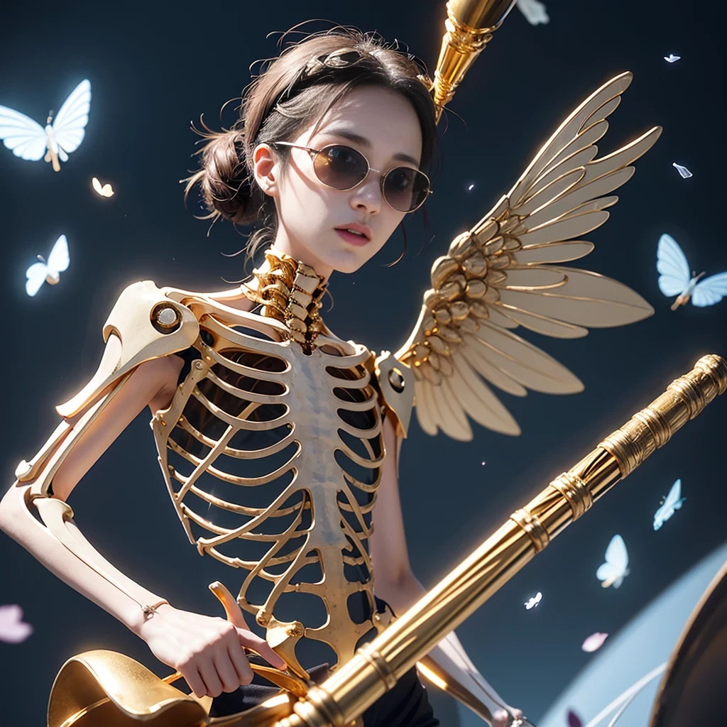 baton,Transparent wings,Magic wand,Wear thick gold-framed reflective sunglasses,32K(tmasterpiece,k hd,hyper HD,32K)Light orange flowing hair,The Silver Skull Jewelry District in the backstreets,Indigo Skull King ,Skeleton protector (The skeleton is realistic:1.4),Skull pattern robe,Silver skull flower ornaments,Petals flutter,Colored ball head,Hold your head high,Be proud,The nostrils look at people, A high resolution, the detail, RAW photogr, Sharp Re, Nikon D850 Film Stock Photo by Jefferies Lee 4 Kodak Portra 400 Camera F1.6 shots, Rich colors, ultra-realistic vivid textures, Dramatic lighting, Unreal Engine Art Station Trend, cinestir 800,Hold your head high,Be proud,The nostrils look at people,Tsundere,Petals flutter,Petals flutter,Sprinkle with gold dust,Fluttering,Impeccable,( reasonable design, Clear lines, High sharpness,Best quality, Very detailed skeleton, The skeleton of a masterpiece, offcial art, movie light effect, 4K skeleton(((Wear thick gold-framed reflective sunglasses)))Transparent wings,(baton)(Baton in hand)(Giant baton)baton,