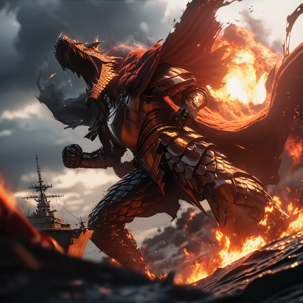 Captain Harlock, battleship, detailed portrayal of face, epic battle, fierce expression, intense action, dragon scales, smoke and fire, dynamic perspective, shiny metal armor, glowing eyes, billowing cape, stormy skies, dramatic lighting, cinematic style, high-contrast color palette, masterful brushwork, realistic textures, high-resolution rendering