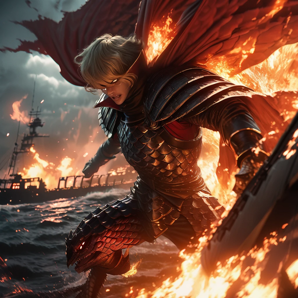 Captain Harlock, battleship, detailed portrayal of face, epic battle, fierce expression, intense action, dragon scales, smoke and fire, dynamic perspective, shiny metal armor, glowing eyes, billowing cape, stormy skies, dramatic lighting, cinematic style, high-contrast color palette, masterful brushwork, realistic textures, high-resolution rendering