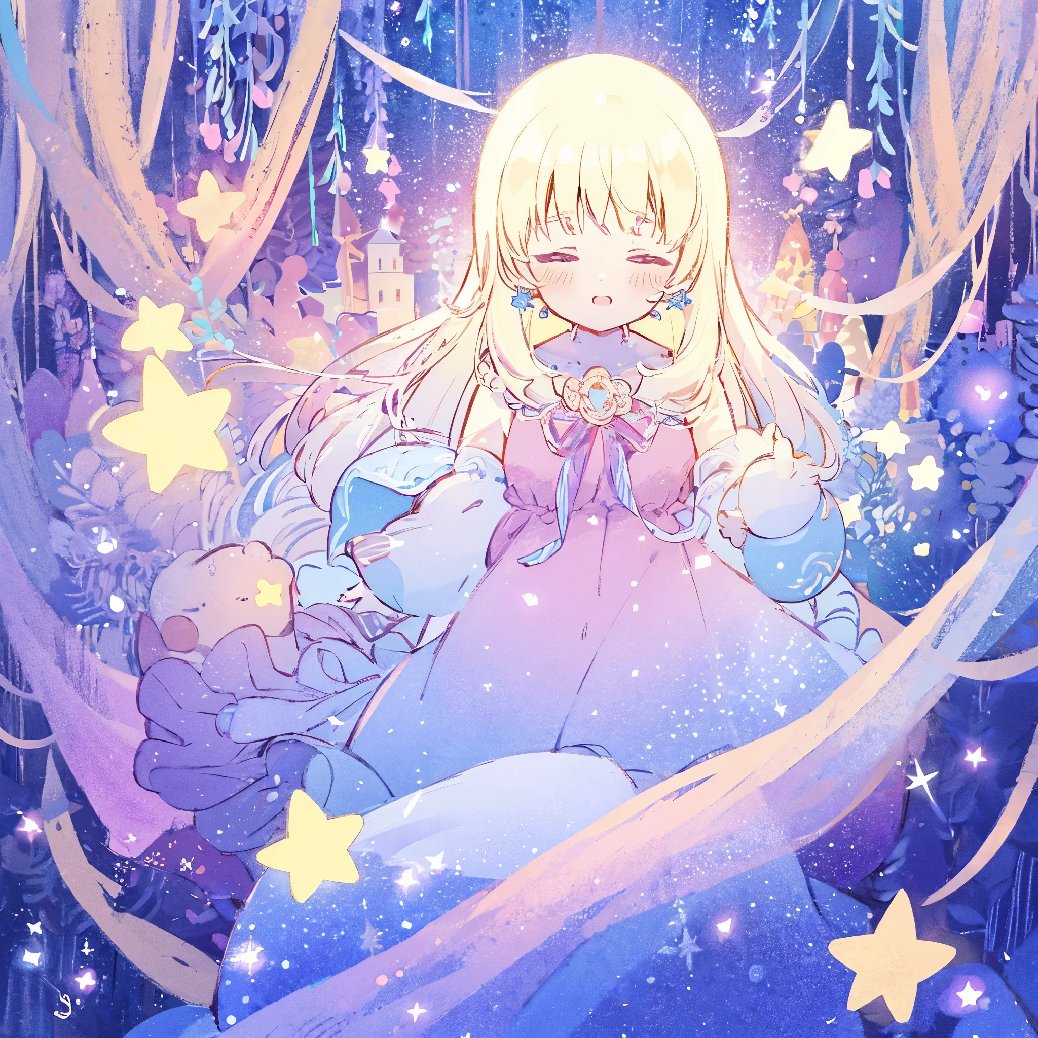 complex background, wishing star background, a woman wearing an ethereal mystical pink translucent dress that reflects the stars, perfume promo art, mystic, complex drawing, highly detailed, Covergirl brand, promo art, artistic rendition, ethereal, starry night, midjourney style