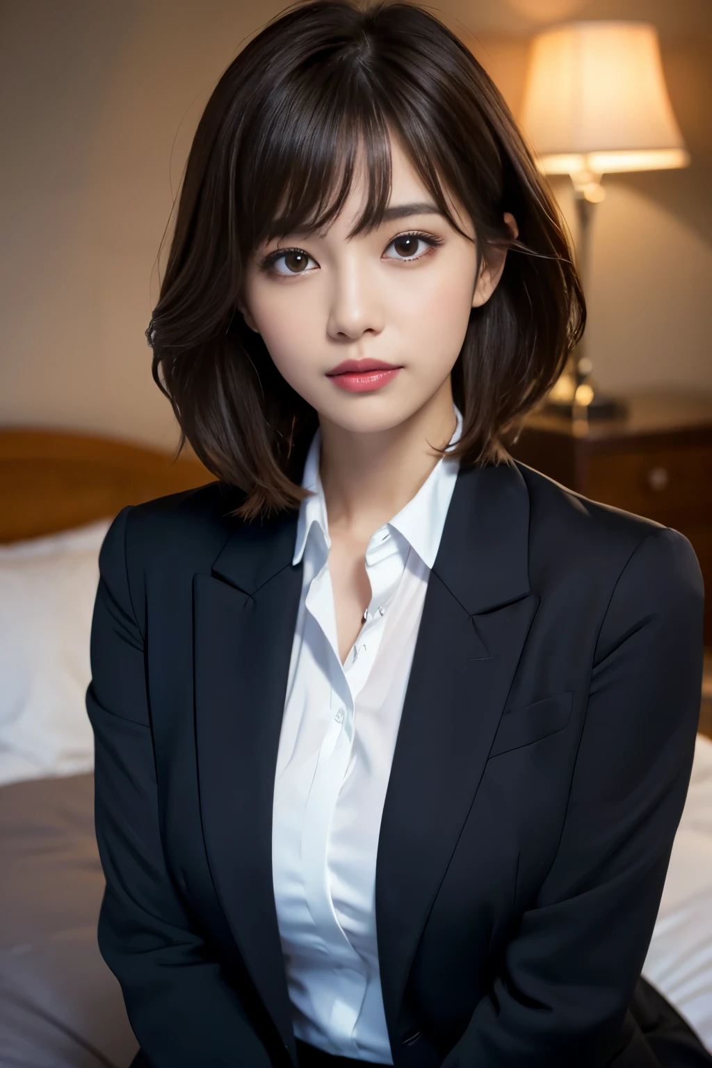 (fine skin:1.2),(shiny skin:1.1),8K,highest quality, masterpiece, ultra high resolution,(realistic:1.4), Raw photo,(Soft saturation:1.3),(Fair skin:1.2),1 female,Improve,compensate,(lipstick:1.1),(eyeliner:1.2),
brown eyes, looking at the viewer, (オフィスレディのsuit), sitting on the bed, brown hair, medium hair, messy hair, asymmetrical bangs, black jacket, blush, white shirt with collar,long sleeve, ,take off half of your clothes, suit, big breasts, formal, smile, sharp focus,moody lighting, blue hour, japanese idol, 25 years old, expensive, Glamour, 