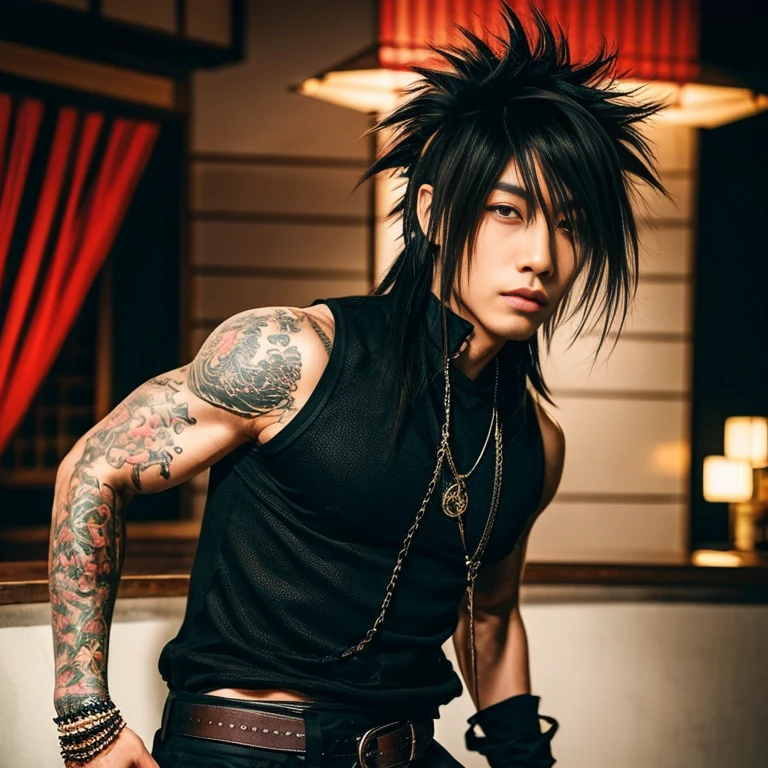 1 man, Japanese man, male, Asian eyes, muscular, broad shoulders, dragon tattoos, hairstyle Visual Kei style, hair Visual Kei, black men's shirt and black pants, ultra detailed face, hyperrealistic, realistic representation, long hair, long hair, 30 years old, age 30 years, blond, blonde hair