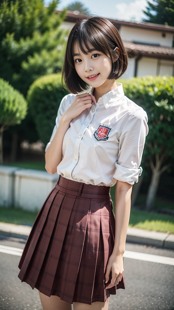 (((masterpiece))), (one beautiful japanese girl, classmate, innocence，cute) ，超A high resolution, realistic, Super detailed, 8K,highest quality, very detailed, detailed background,thin,very beautiful japanese girl, detailed face:1.3), (brown hair), (short bob hair), (baby face，cute系,adorable 14 year old girl), (perfect body:1.1), (brown blazer, light brown pleated mini skirt), provocative smile,show me your beautiful teeth,超detailed face、lip details、detailed eye、small gravure idol，transparent skin、，A Japanese high school with a school emblem on its chest、sexy pose，Please pay attention to your butt，Please think back，Skirt lifts、You can see the cute pants、skirt lift,put your panties aside,