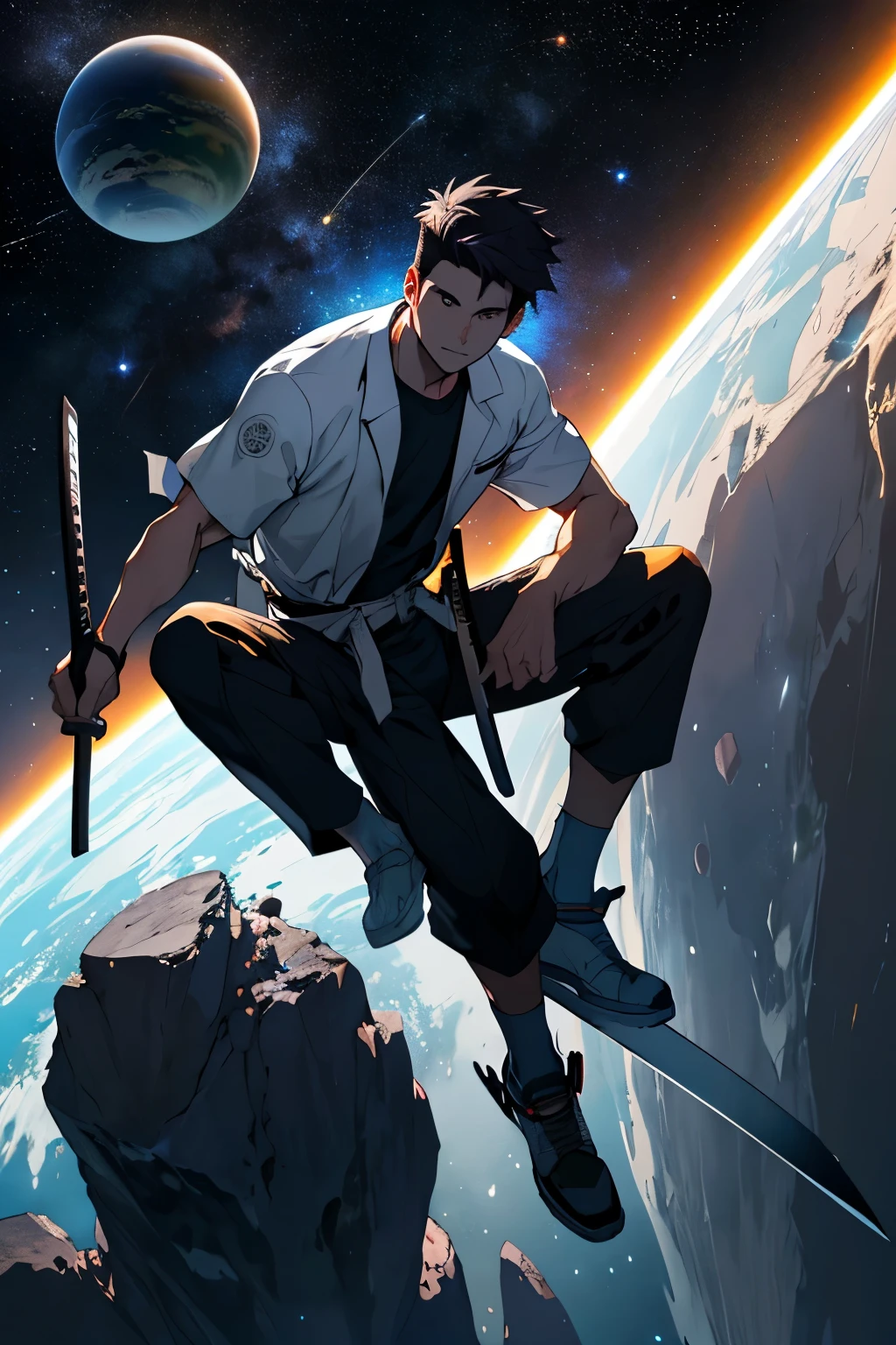 Dibuja a Toji Senin., sitting on a research platform floating in the middle of an asteroid belt. He holds a katana in his right arm., rodeado por varios asteroides que brillan con auras de fuego. Spectacular illumination of distant stars and planets illuminates the scene., proyectando sombras profundas sobre el traje. Toji Senin parece confiado y decidido., mirando el vasto y misterioso universo.