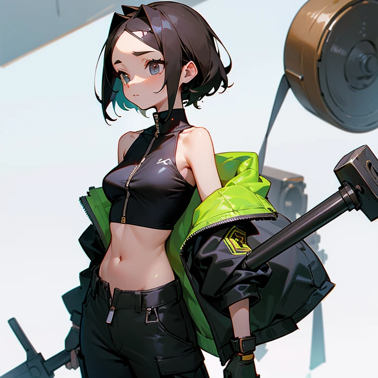 young girl、thin、modest chest、Goggles on foreheadをつけている、small ass、A thin and delicate mechanic girl、loose clothing、Oversized Cargo Pants、that&#39;belly button、- Front zip、high neck with zipper、Tube top、bare shoulders、turtleneck、off shoulder、Work gloves、Goggles on forehead、hold a wrench in one hand、brown skin、middle hair、thin、big breasts、cleavage、choker、low rise pants、