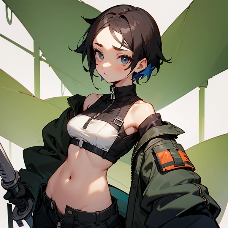young girl、thin、modest chest、Goggles on foreheadをつけている、small ass、A thin and delicate mechanic girl、loose clothing、Oversized Cargo Pants、that'belly button、- Front zip、high neck with zipper、Tube top、bare shoulders、turtleneck、off shoulder、Work gloves、Goggles on forehead、hold a wrench in one hand、brown skin、middle hair、thin、big breasts、cleavage、choker、low rise pants、short hair、neutral facial features、