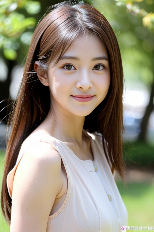 high resolution、in detail、perfect face、Like a real human、perfect upper body composition、26 years old、japanese woman、dense and beautiful big eyes、thin lips、arched eyebrows。Natural light。Beautiful cherry blossoms on the background。natural body。髪の毛はIt's wrapped。hair is long。It's wrapped。Light brown。White shirt dress。She is looking back。She smiles shyly。same face as before。