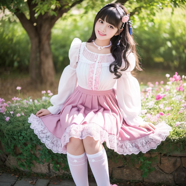best quality, masterpiece, lifelike, 1 girl, alone, eternal, black hair, Long curly hair, blunt bangs, Smile, pink skirt, pink lolita dress, layered skirt, Lolita style long skirt,分層連衣裙 lace-trimmed 裙子, decorate, lace, long sleeve, puff sleeves, wide sleeves, Transparent sleeves, hair accessories, 在flower园里, flower, Detailed background, delicate face,pink blush,White knee-length socks, Pink shoes,cold,Lots of lace,((masterpiece))、(top quality)、8K、high detail、super detailed、 21 years old female,穿着pink lolita dress((dreamy atmosphere:1.1))、Seductive and whimsical style、masterpiece、born、Scenes resembling fairy tale illustrations、Intricate details showcase the ruffles and intricate designs of the Lolita dress、beautifully、magic、capricious、 beautifully、Dream aesthetics、「𝓡𝓸𝓶𝓪𝓷𝓽𝓲𝓬、ethereal、charming、fickle、magic」、realism、Visual effect、FXAA、SSAO、shader、voiceless、ambient lighting、Tone mapping、High resolution、ultra high definition、megapixel、(8K resolution:1.10)、8K、Below 8K、8K resolution、high detail、intricate details、她的脸上exposed惊讶和敬畏的表情、 (high quality:1.2、masterpiece:1.2、:1.21)、(21 years old female:1.21)、(興奮地Smile)、(Surrounded by the dreamy atmosphere of an amusement par色洛丽塔连衣裙、Her eyes were full of surprise and joy、I took a lot of geek photos、、High heel、Model diagram,full-body shot,Knee-high 白色的 lace socks,Sweet Lolita,Normal 2 feet,Pink shoes,Baotou shoes,full-body shot,baby star dress,have,不要exposed你的手指,cold,Emphasize the volume of the skirt,exposed,huge breasts,white underwear,The skirt flew up,spread your legs,low cut,exposed,tutu