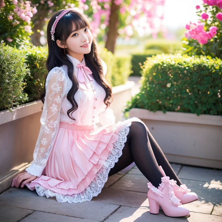 best quality, masterpiece, lifelike, 1 girl, alone, eternal, black hair, Long curly hair, blunt bangs, Smile, pink skirt, pink ta dress, layered skirt, Lolityle long skirt,分層連衣裙 lace-trimmed 裙子, decorate, lace, long sleeve, puff sleeves, wide sleeves, Transparent sleeves, hair accessories, 在flower园里, flower, Detailed background, delicate face,pink blush,White knee-length socks, Pink shoes,cold,Lots of lace,((masterpiece))、(top quality)、8K、high detail、super detailed、 21 years old female,穿着pink lolita d((dreamy atmosphere:1.1))、Seductive and whimsical style、masterpiece、born、Scenes resembling fairy tale illustrations、Intricate details showcase the ruffles and intricate designs of the Lolita dressutifully、magic、capricious、 beautifully、Dream aesthetics、「𝓡𝓸𝓶𝓪𝓷𝓽𝓲𝓬、ethereal、charming、fickle、magic」、realism、Visual effect、FXAA、SSAO、shader、voiceless、ambient lighting、Tone mapping、High resolution、ultra high definition、megapixel、(8K resolution:1.10)、8K、Below 8K、8K resolution、high detail、intricate details、她的脸上exposed惊讶和敬畏的表情、 (high quality:1.2、masterpiece:1.2、:1.21)、(21 years old female:1.21)、(興奮地Smile)、(Surrounded by the dreamy atmosphere of an amusement par色洛丽塔连衣裙、Her eyes were full of surprise and joy、I took a lot of geek photos、、High heel、Model diagram,full-body shot,Knee-high 白色的 lace socks,Sweet Lolita,Normal 2 ,Pink shoes,Baotou shoes,full-body shot,baby star dress,have,不要exposed你的手指,cold,Emphasize the volume of the skirt,exposed,huge breasts,white underwear,The skirt flew up,spread your legs,low cut,exposed,tutu