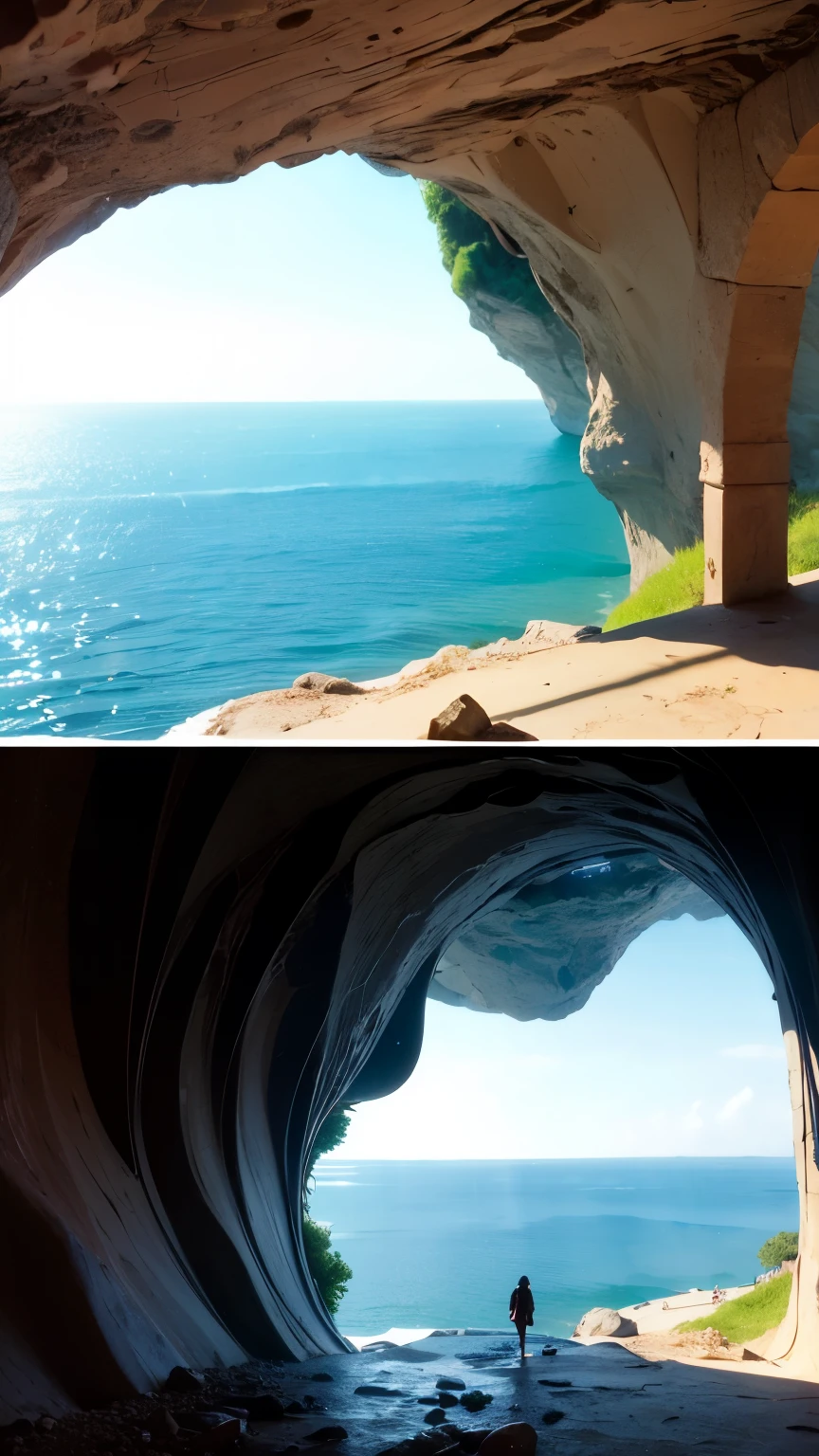 there is a bed in a cave with a view of the ocean, island with cave, very close to real nature, fantasy setting, beautiful fantasy cave scene, magical cave, epic and stunning, relaxing environment, beautiful place, cave, breathtaking render, magical environment, inside of a cave, detailed dreamscape, stunning nature in background, luxurious environment, futuristic setting 
,photography,portrait,relastic
