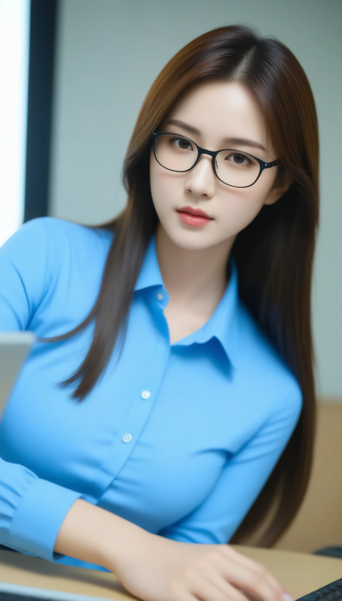 UHD, close-up of beautiful korean female, 34 inch breasts size, glasses, blue long sleeve shirt, playing computer, in office, UHD 