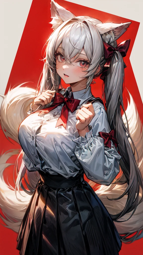 {{Masterpiece}},bestquality, highres, highquality,1girl,grey hair, long hair, twintails, bangs, hair between eyes, animal ears, fox ears, animal ear fluff, red eyes, tail, fox tail, virtual youtuber,grey hair, long hair, twintails, bangs, hair between eyes, animal ears, fox ears, animal ear fluff, red eyes, tail, fox tail, virtual youtuber, shirt, white shirt, long sleeves, sleeves past wrists, bow, hair bow, red bow, ribbon, skirt, pleated skirt, black skirt,milfication, mature female, gigantic breasts