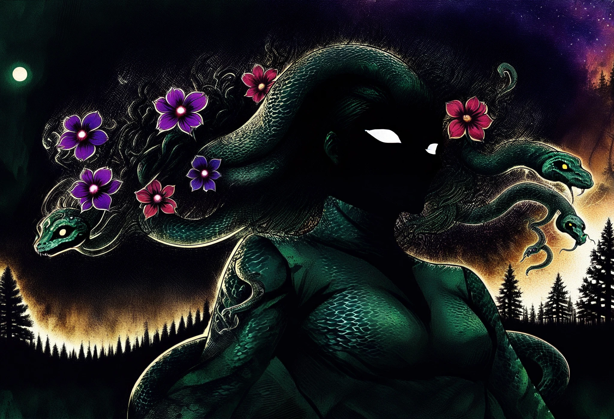 Medusa, splash page decompressed comic cover art, ink style figure, candid, snake skin dress, ((art style expressive Joelle Jones and "Sean Gordon Murphy" comic drawing)), cinematic poster double exposure, optical illusion, image within image, abyss void black no visibility darkness, full body portrait, (background, pine barrens, entropy, rewilding, magic hour sunset with galaxy stars, cosmos), (horror, abstract, surreal, body, cosmic), body drawn in Frederic Delavier musculature anatomical illustration art style, (face, ornate black metal corpse paint, resembles Grace Jones), (body, Naga, snakefolk, lower body snake tail, snake woman hybrid, bald, hairless, skeleton, snake skin tattoos, piercing eyes, snake pupils, over the shoulder), (colors, merge bleak muted deep fiery radiant glowing ROYGBIV, forest green to earth brown), craftsmanship nuance, (art style Gerardo Zaffino charcoal), subliminal orchids, nyctophobia, (wordless, single image), silhouette