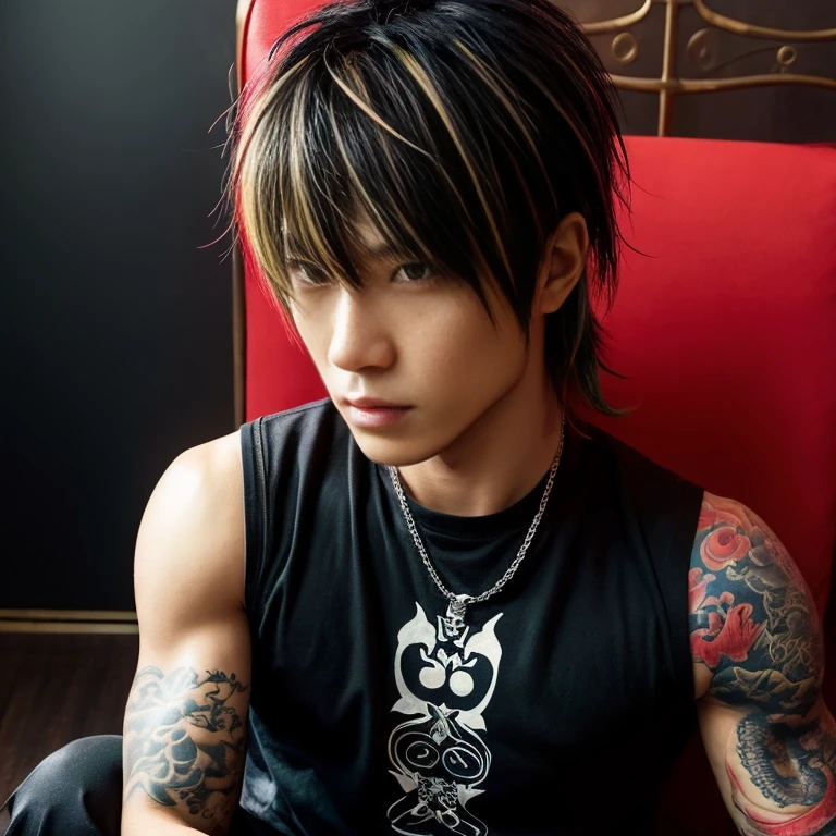 1 man, Japanese man, male, Asian eyes, muscular, broad shoulders, dragon tattoos, hairstyle Visual Kei style, hair Visual Kei, black men's shirt and black pants, ultra detailed face, hyperrealistic, realistic representation, long hair, long hair, 30 years old, age 30 years, blond, blonde hair