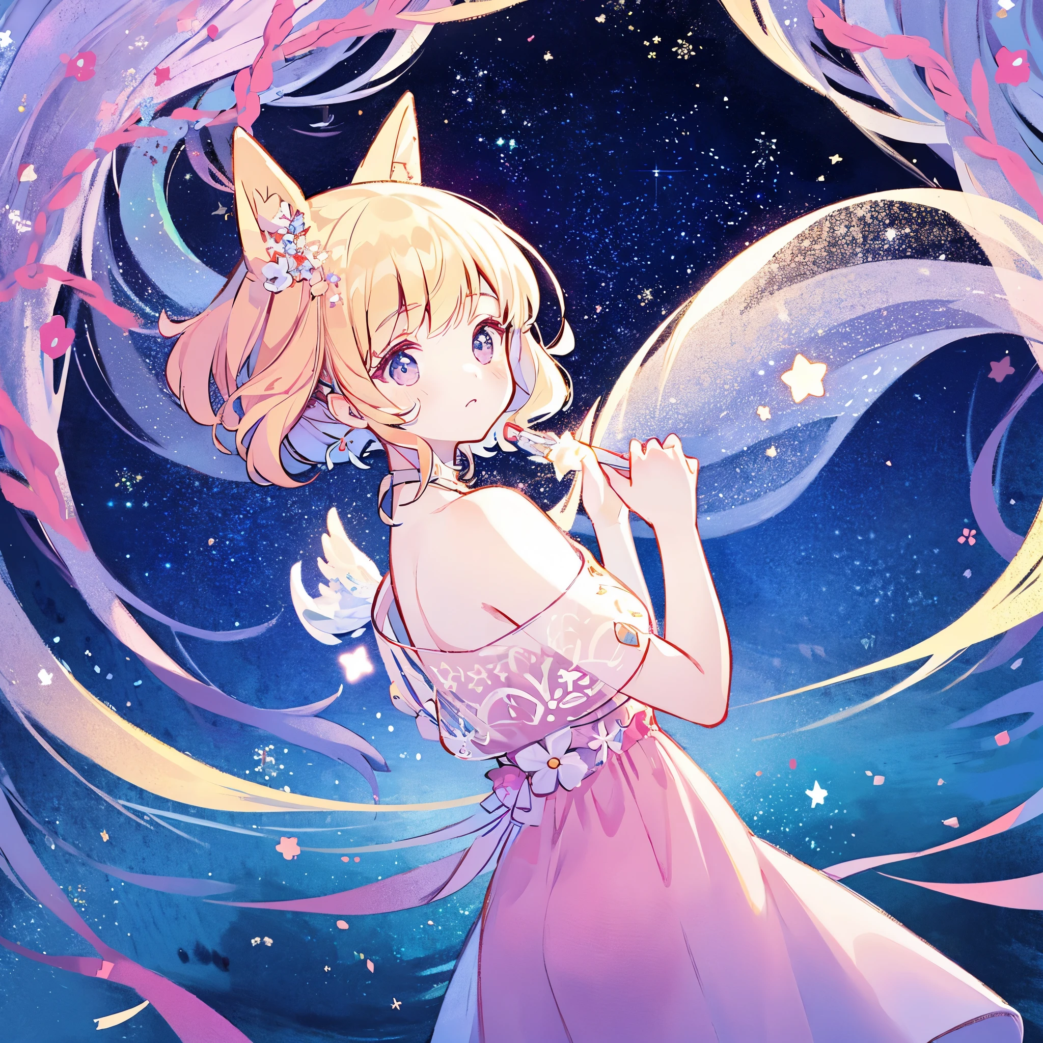 complex background, wishing star background, a woman wearing an ethereal mystical pink translucent dress that reflects the stars, perfume promo art, mystic, complex drawing, highly detailed, Covergirl brand, promo art, artistic rendition, ethereal, starry night, midjourney style