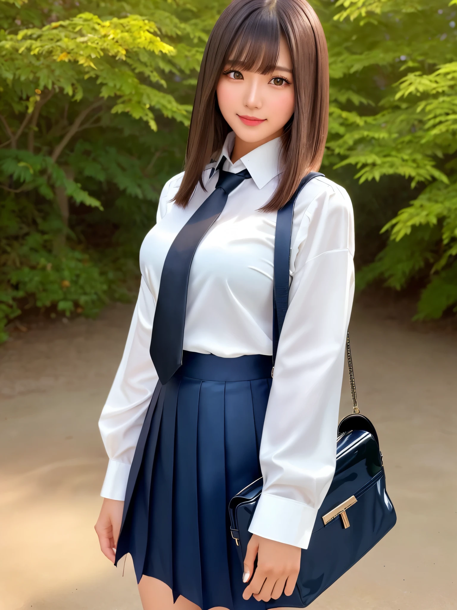 product quality, 1girl, upper body shot, front view, a Japanese young pretty girl, long bob hair, standing with a big smile in a seaside park in the midnight, glamorous figure, wearing a white collared shiny satin shirt of long sleeves, shiny satin dark blue plain long tie, dark blue pleated long skirt, school bag over her shoulder, hyper cute face, glossy lips, double eyelids in both eyes, natural makeup, long eyelashes, shiny smooth light brown long bob hair, asymmetrical bangs, a tanned skin, central image, high resolution, high detail, detailed hairstyle, detailed face, spectacular cinematic lighting, octane rendering, vibrant, hyper realistic, perfect limbs, perfect anatomy