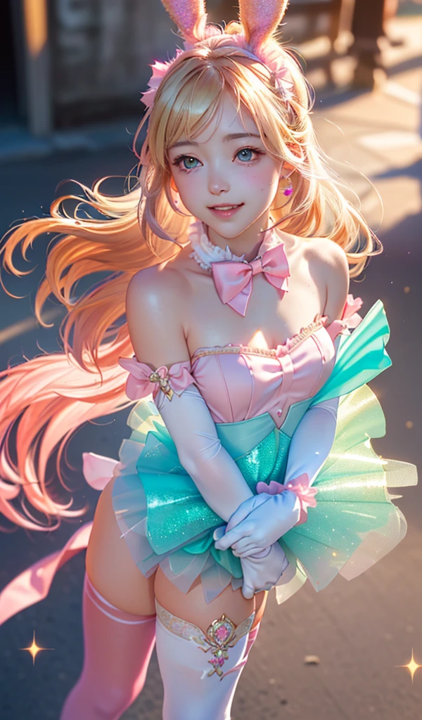 masterpiece, best quality, extremely detailed CG unity 8k wallpaper, (Upper Body head close-up shot of a beautiful little girl), Wendy, Elegant Long straight blonde hair, (Mckenna Grace), ((flat chest,thighs)), ((pink-Cyan)) golden ((Glittering tutu,long Bunny Ear Headgear, glove, Bow-tie, zettai ryouiki)), ((Hug，from above)), (Blush), oil skin, (seductive smile), (Wonderland), pretty face, key art, award winning, intricate detail realism hdr, by (ruan jia and artgerm and range murata), Photorealism, Hyperrealism, ultra realistic, dramatic light, intense shadows, gorgeous view, depth of field
 
