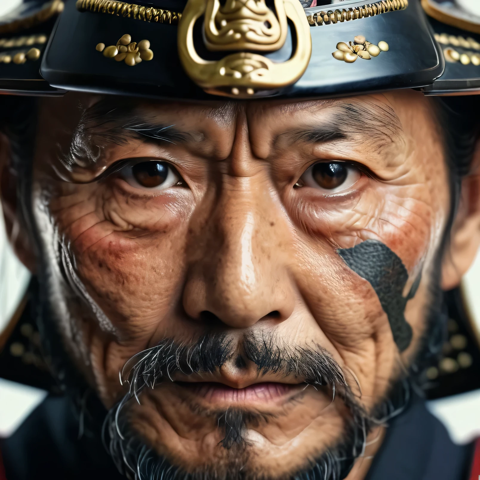 Realistic ultra HD close-up portrait,A samurai wearing a war mask, Wrinkles ,Facial expressions show strong emotions