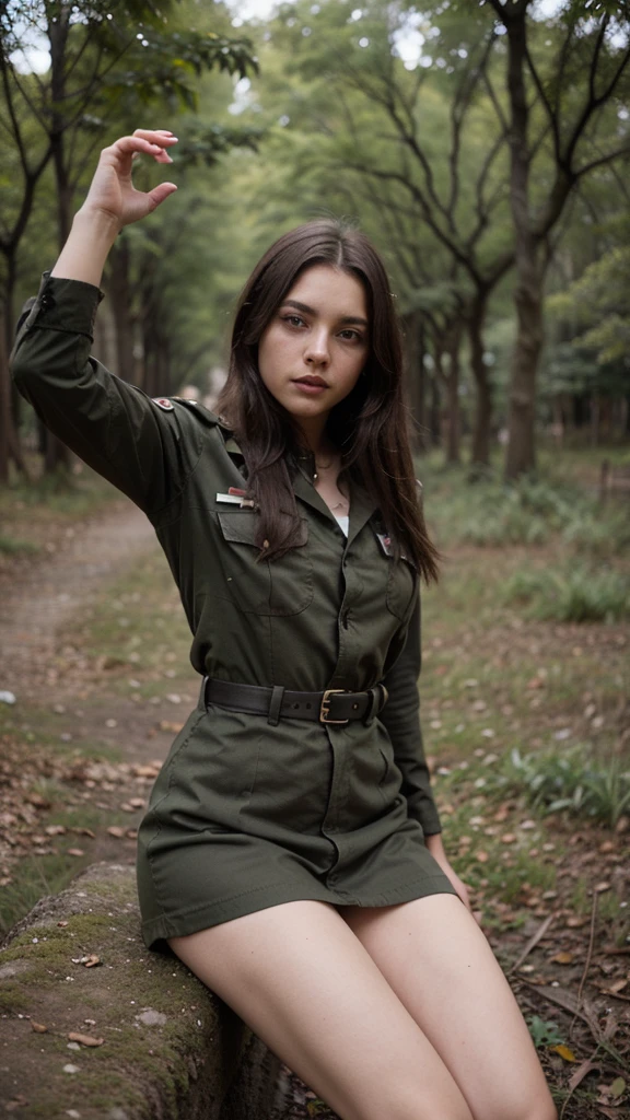 cara argentina, militar, cabello ?????, chica, en un bosque, ojos cansados, abierta de piernas, ropa militar 