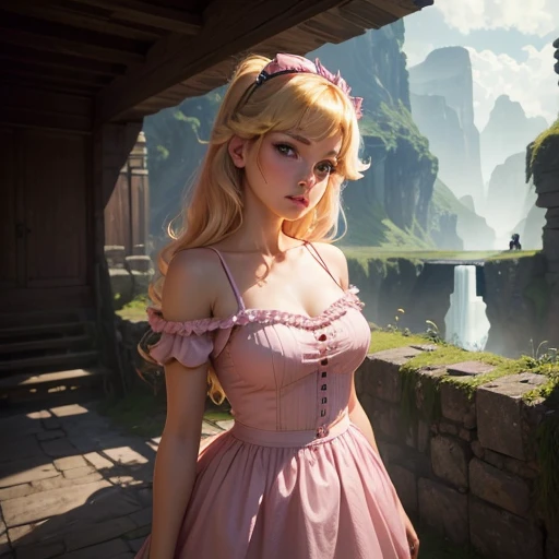 (((full medium shot))), (Masterpiece, photorealistic, photorealism, best quality, ultra-detailed:1.3), (nice hands, perfect hands), official art, cinematic light, (1girl:1.3), adult, princess peach in bowser castle, waiting at ruined bridge looming over lava stream, indoors, post apocalyptic, solo focus, realistic, sketch, supermodel, torn clothes, by luis royo, blonde hair, (((pink dress)))