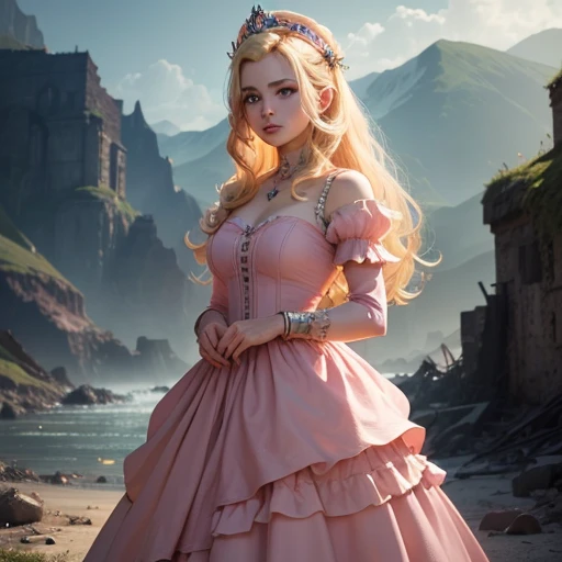 (((full medium shot))), (Masterpiece, photorealistic, photorealism, best quality, ultra-detailed:1.3), (nice hands, perfect hands), official art, cinematic light, (1girl:1.3), adult, princess peach in bowser castle, waiting at ruined bridge looming over lava stream, indoors, post apocalyptic, solo focus, realistic, sketch, supermodel, torn clothes, by luis royo, blonde hair, (((pink dress)))