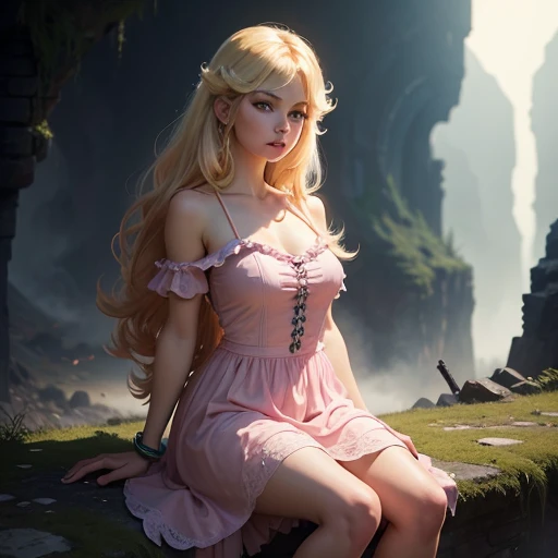 (((full medium shot))), (Masterpiece, photorealistic, photorealism, best quality, ultra-detailed:1.3), (nice hands, perfect hands), official art, cinematic light, (1girl:1.3), adult, princess peach in bowser castle, waiting at ruined bridge looming over lava stream, indoors, post apocalyptic, solo focus, realistic, sketch, supermodel, torn clothes, by luis royo, blonde hair, (((pink dress)))