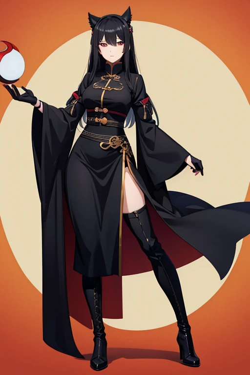 anime picture、Full-body portrait without background、A 44-year-old woman with a bad personality who is a necromancer and is about 155cm tall.、Chinese style black Taoist clothing、long black hair、long skirt、black mask、gloves、boots