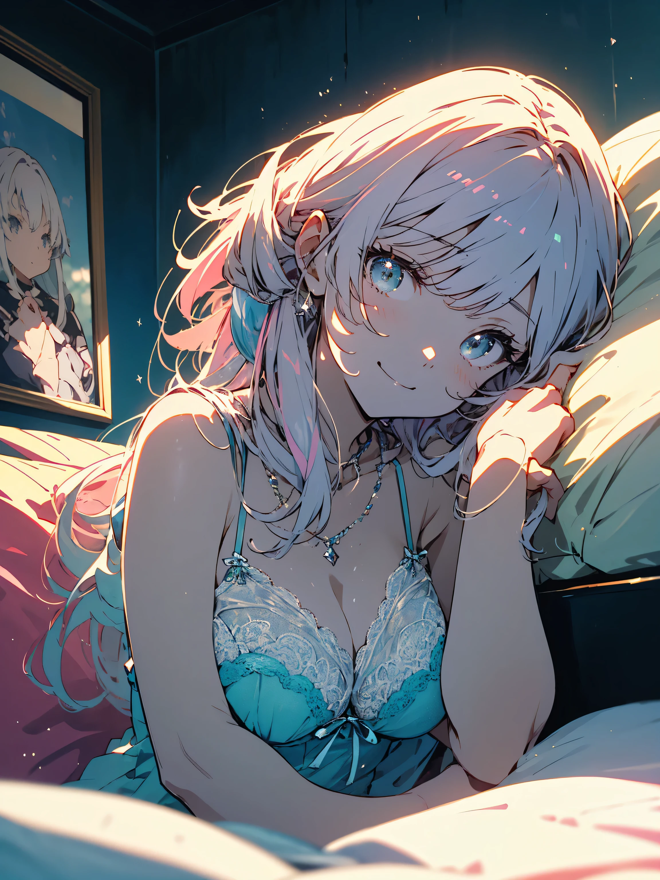 (highest quality、masterpiece、High resolution、be familiar with), 1 girl, (light blue lingerie:1.3), (Cute Smile),(shining eyes、be familiar with美しい顔)、 (beautiful anime)、(exposure of skin:1.3)、(white pink hair conner color), (whole body)、最もbe familiar with、(Bedroom、on the bed)、(highest quality、masterpiece、High resolution、be familiar with)、cute anime、bright background、feminine room、dynamic angle