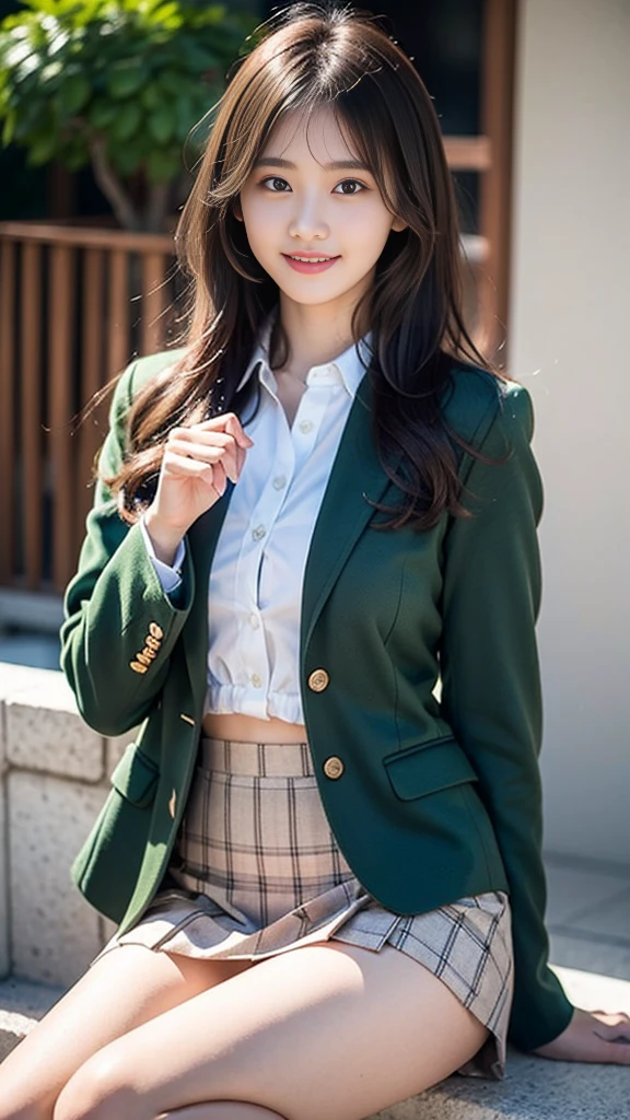 (((masterpiece))), (one beautiful japanese girl, classmate, innocence,cute) ,超A high resolution, realistic, Super detailed, 8K,highest quality, very detailed, detailed background,thin,very beautiful japanese girl, detailed face:1.3), (brown hair), (medium long hair), (baby face,cute系,adorable 14 year old girl), (perfect body:1.1), (brown blazer, light brown pleated mini skirt), provocative smile,show me your beautiful teeth,超detailed face、lip details、detailed eye、small gravure idol,transparent skin、,A Japanese high school with a school emblem on its chest、sexy pose,Please pay attention to your butt,Please think back,Skirt lifts、You can see the cute pants、skirt lift,put your panties aside,