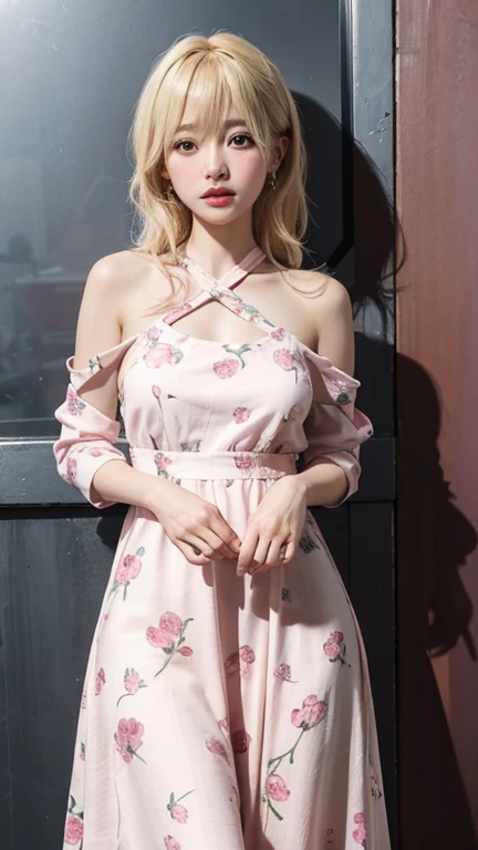 dress pink thin flower pattern , medium breast , blonde hair