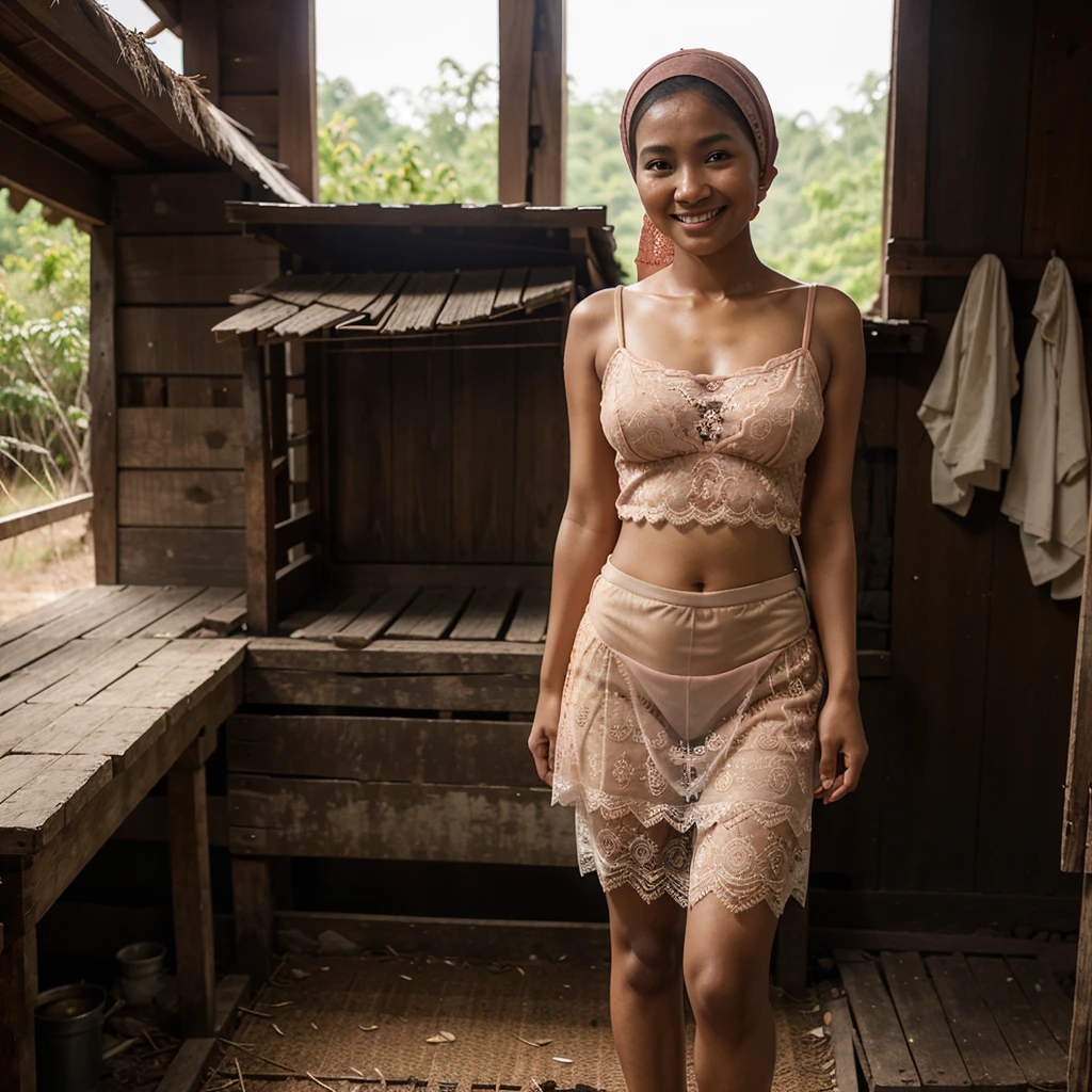 Realistic photo depicting an Indonesian woman, villager, poor woman, 18 years old, wearing peach color hijab, wearing see-through peach color lace camisole, wearing very short see-through peach color lace skirt, smiling, darker skin, curvier body, short body, standing and smiling by the old wooden cabin in a dark forest, facing the camera, full body, making it very realistic and detail