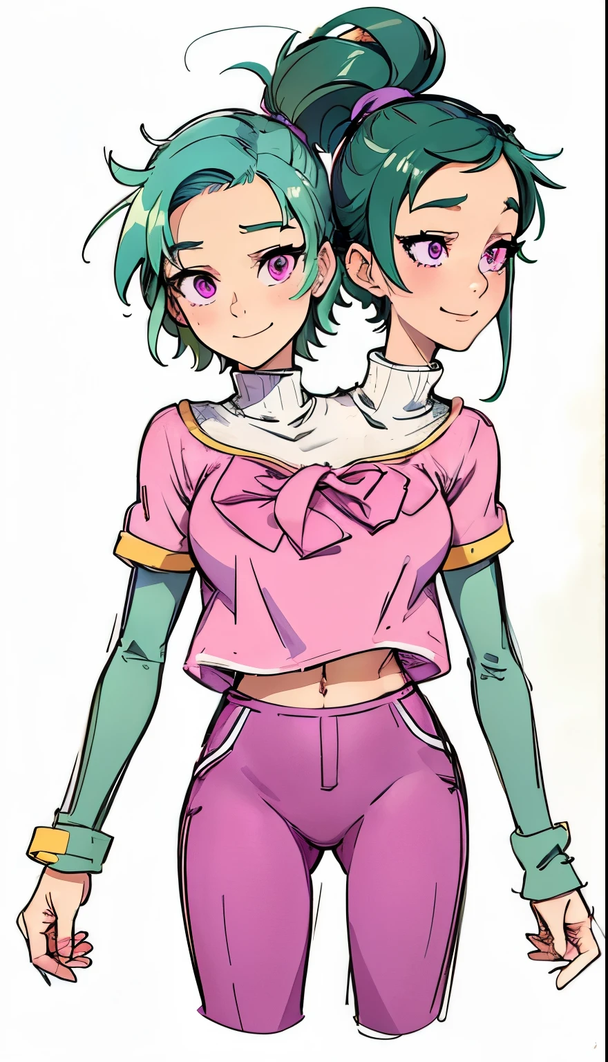 (masterpiece),(ultra-detailed), (high quality), (high resolution), (best quality:1.5, highres, UHD), highres, absurdo, ultra detail, ultra quality, ((2heads:1.5)), 1girl, Ultra resolution, 16k, best quality, 1girl, (green hair), violet eyes, high school  , teenagepink turtleneck shirt (((purple outfit))), pink skirt pants, gentle smile, short, ponytail