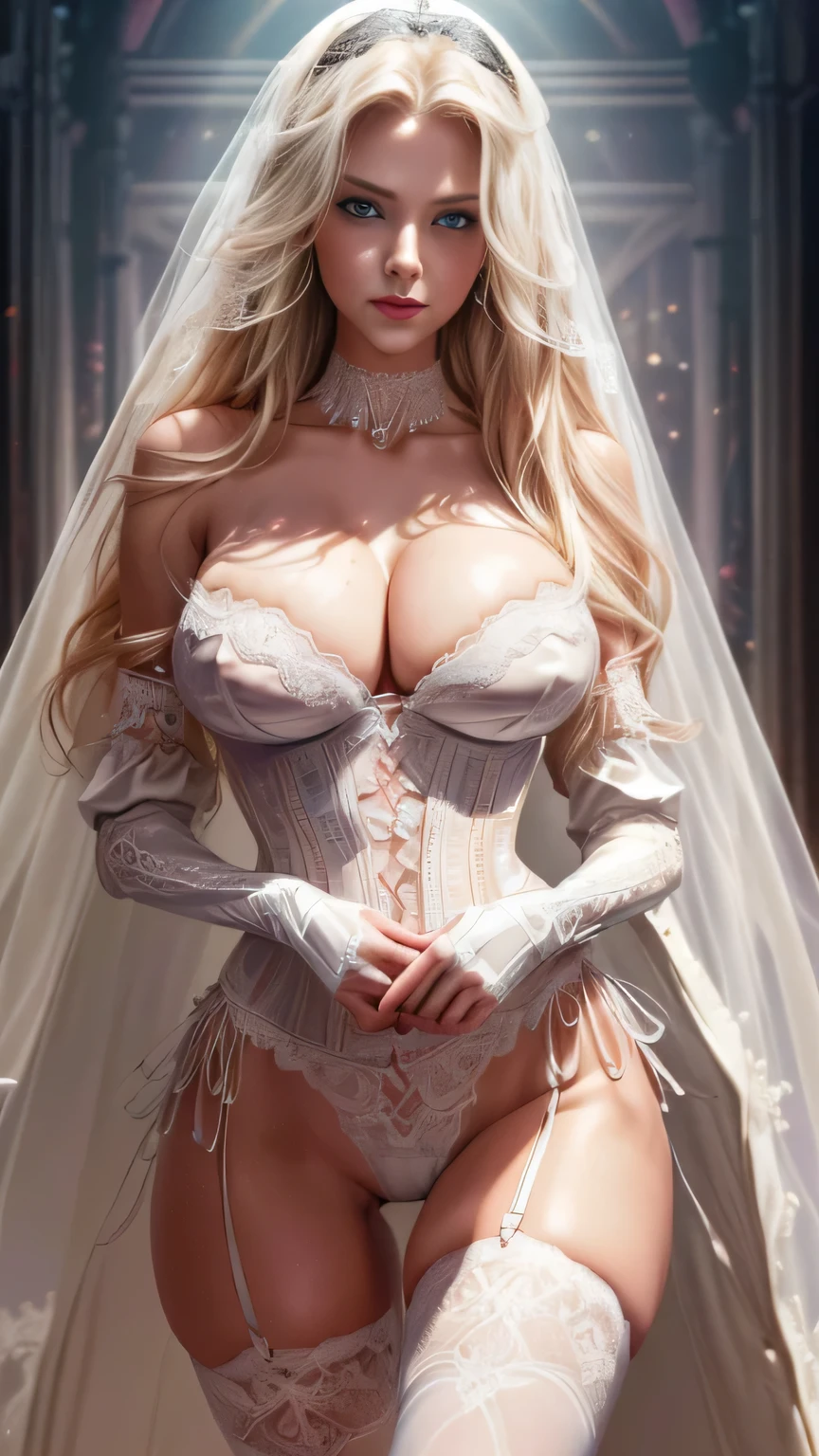 ((very beautiful and tall victorias secret supermodel)) ((big blue eyes)) ((full red lips)) ((seductive gaze, seductive smile)) ((tan skin)) ((very long wavy platinum blonde hair)) ((big breast:1.8)) ((wear pure white fantasy fashion sexy strapless thight corset bra and tiny thong bottom)) (((white cape, neck jewerly collar long fabric tail, very long sleeves, long lace veil))) ((bright tiara, earrings, gloves, white stockings, garterbelt)) ((catwalk on runway)) ((inside tv studio at runway fashion show)) ((at night, without illumination))((high definition:1.5)) ((masterpiece:1.5))((8k:1.5)) ((Best quality:1.4)), more_details:-1, more_details:0, more_details:0.5, more_details:1, more_details:1.5