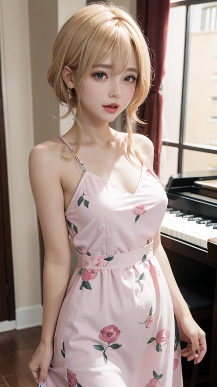 dress pink thin flower pattern , medium breast , blonde hair
