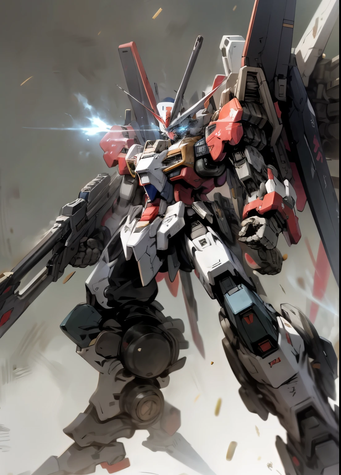 Main features of mecha:
The overall structure is biased toward the traditional Gundam shape,The proportion of the head is smaller. There are square deck-like protective devices on the limbs of the mecha. The main weapon and the arms of the mecha are integrated into one. The movement of the mecha relies on the jet device on the back. The attack method of the mecha is characterized by dual-wielding weapons and normal attacks.:Special attack using right hand weapon machine gun to fire bullets:Use the left hand's electromagnetic cannon to launch an electron pulse bomb