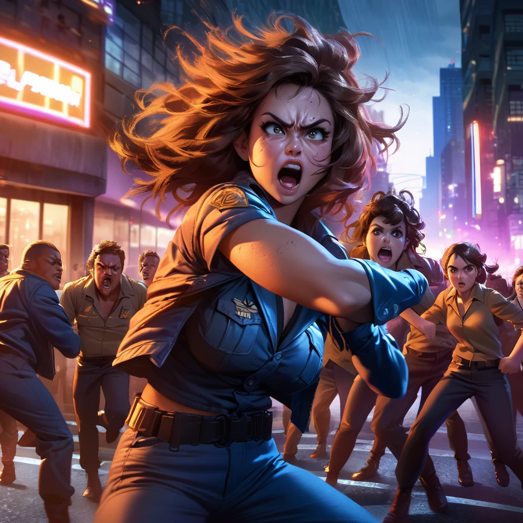 police arresting cosplay hotties, argument at busy intersection, detailed facial expressions, intense emotions, realistic costumes, dynamic poses, surrounding crowd, cityscape background, dramatic lighting, gritty urban setting, high-res, vivid colors, action-packed, comic book style, power poses, cinematic quality