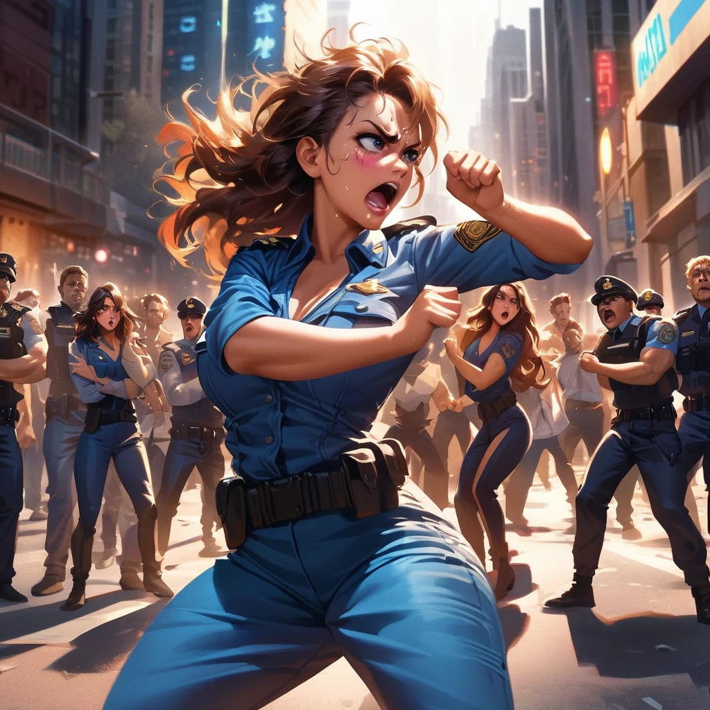 police arresting cosplay hotties, argument at busy intersection, detailed facial expressions, intense emotions, realistic costumes, dynamic poses, surrounding crowd, cityscape background, dramatic lighting, gritty urban setting, high-res, vivid colors, action-packed, comic book style, power poses, cinematic quality