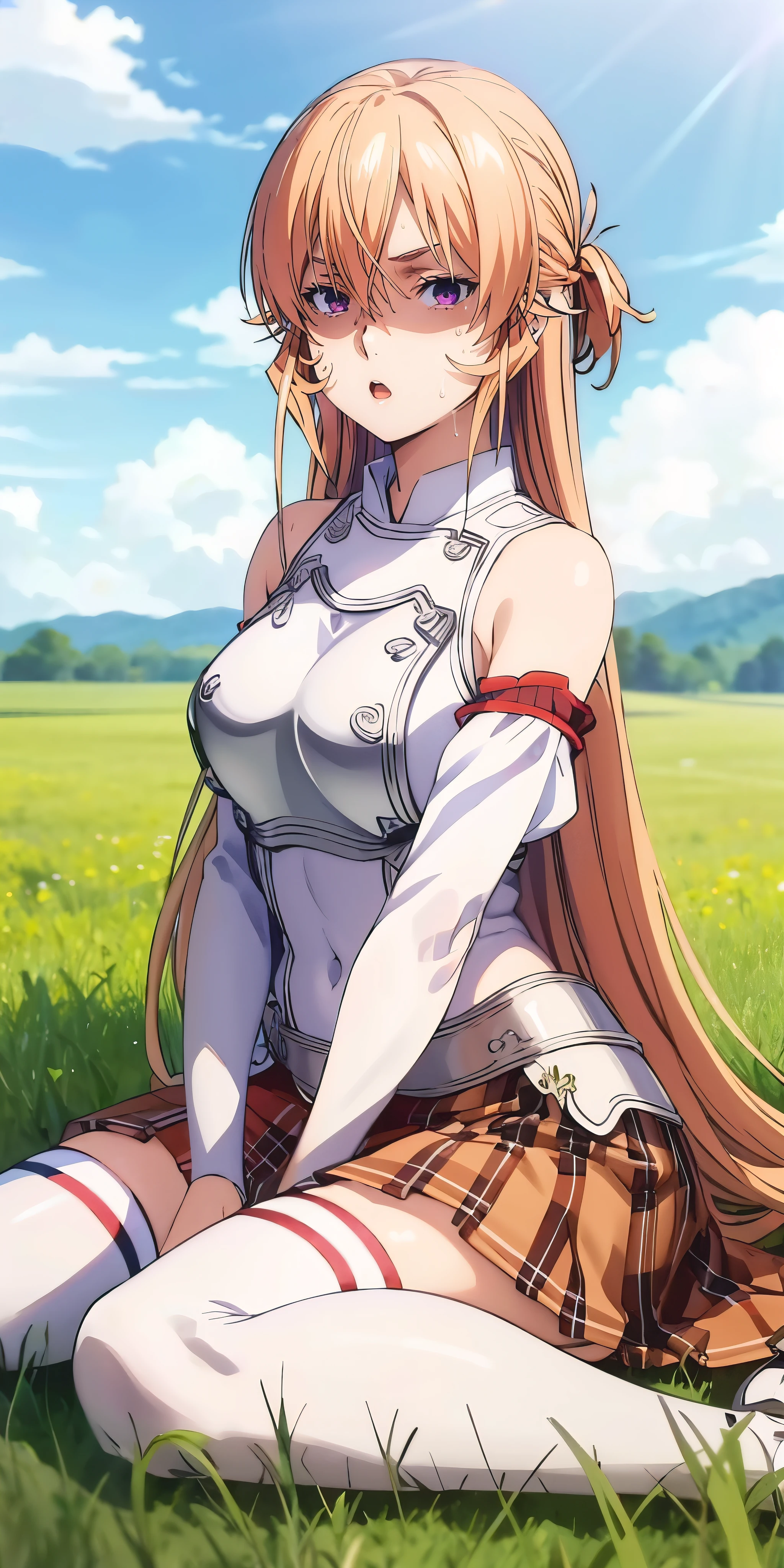 Erina_Prodigy, blonde hair, long hair, purple eyes, curvy, anatomically correct, heavy breathing, huge breasts, muscular female, bare shoulders, armor, breastplate, white sleeves, detached sleeves, red skirt, pleated skirt, white thighhighs, grass, field, wariza, :o, (shaded face:1.2), hollow eyes, purple eyes, looking at viewer, heavy breathing, :o, sweating, "Photorealistic, Hyperrealistic, Hyperdetailed, analog style, soft lighting, subsurface scattering, realistic, heavy shadow, masterpiece, best quality, ultra realistic, 8k, golden ratio, Intricate, High Detail, film photography, soft focus", nsfw, nsfw art, wet