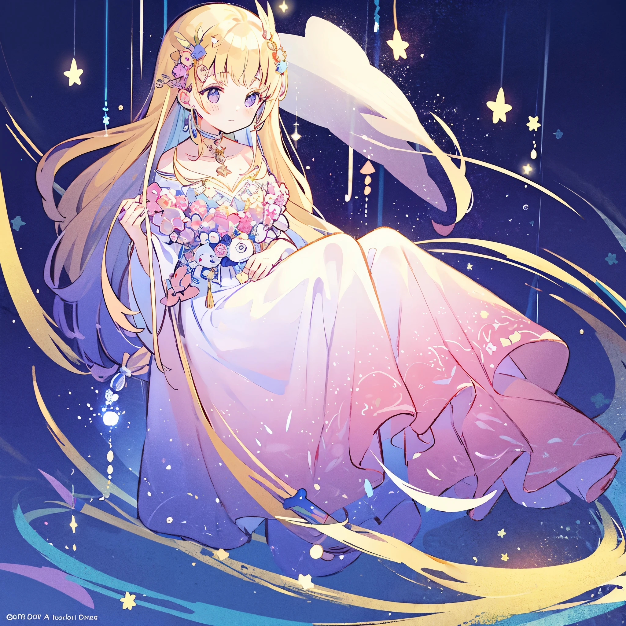 complex background, wishing star background, a woman wearing an ethereal mystical pink translucent dress that reflects the stars, perfume promo art, mystic, complex drawing, highly detailed, Covergirl brand, promo art, artistic rendition, ethereal, starry night, midjourney style